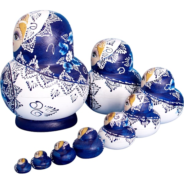 Nesting Dolls Brand, 10 stykker, russisk Matryoshka dukke serie 10 stykker malet træ russisk dukke? Håndlavet,, gaver, legetøj（blå）
