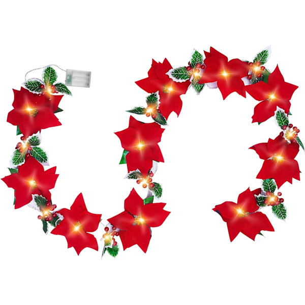 Jouluinen Poinsettia-valoköynnös punaisilla marjoilla ja lehdillä, valmiiksi valaistu samettipäinen keinotekoinen Poinsettia-köynnös joulukoristeluun, sisä- / ulkokäyttöön