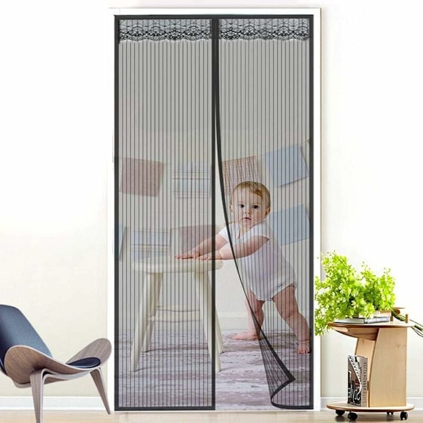 Magnetisk flueskærmdør Automatisk lukkende dørgardin Anti insektflue myg med magneter, sort (90 x 210 cm)