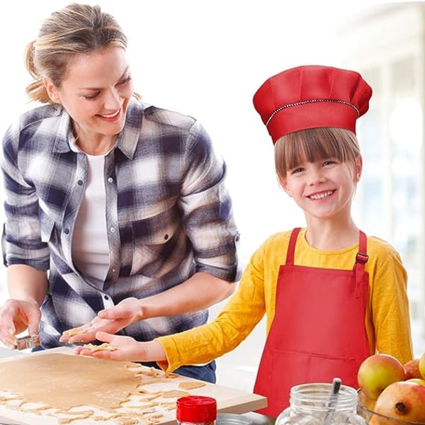 Blå - Förkläde + kockmössa set, justerbart barnröksförkläde med fickor för matlagning, bakning och målning, för barn från 4 till 12 år