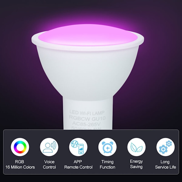 Intelligent Wi-Fi 5 W Dobbelt Tilstand, Hvid og RGB smart pære, 16 millioner farver, GU10 smart lampe, fjernbetjening via applikation, stemmekommando, synkronisering