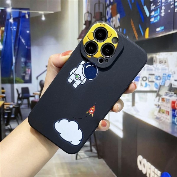 Astronaut-etui til iPhone 14 Pro Max, sødt rummandsmønster (sort)