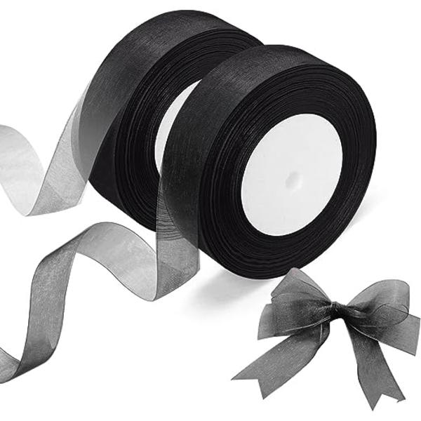 2 rullar organza band (svart band), transparent chiffong band, vardera 20 mm x 45 m, används för DIY-hantverk, band för presentförpackningar, födelsedagsfest