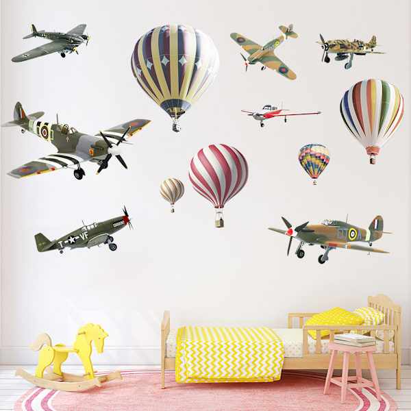 Varmtluftballon og Fly Kunstvægdekoration Tegneseriefly Farve Retro Fly Mural (35 \"x 12\" X 2 stk)