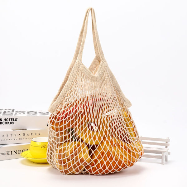 Återanvändbara bomullsmesh-kassar Bomullsrepkassar Mesh-shoppingkassar Mesh-kassar 2-pack (Beige)