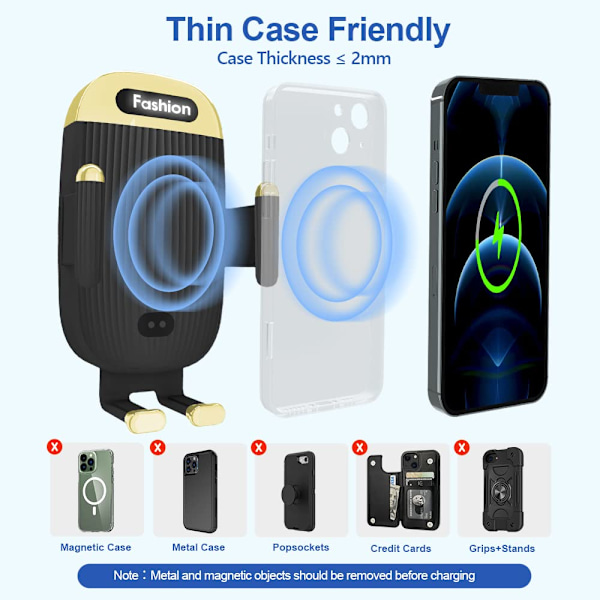 Trådløs bilholder for lader, sensor automatisk klemming, for bilens luftventil, passer til iPhone 14 Pro 13 12 XS Samsung S21/S22Ultra, svart
