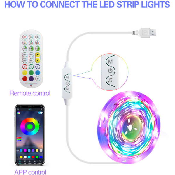 5M LED-stripe, Tenmiro Bleutooth Led Soverom, Led-stripe Kontrollert av APP Fjernkontroll, Synkroniser med Musikkrytme, Led-stripe for Soverom, Bryllup