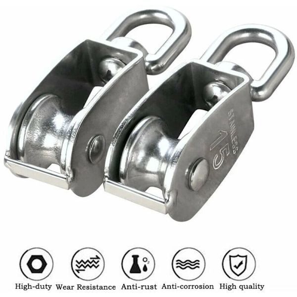 M15 304 ruostumaton teräs yksipyöräinen, 15 mm yksipyöräinen lohkorulla, nosturin kääntyvä koukku sileä vaijerikaapeli Kuormitus 77lbs/35Kg (6 kpl)