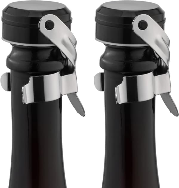 Set med 2 champagneproppar (silver), champagneproppar i rostfritt stål, återanvändbara silikonproppar, läckagesäkra, håller sig fräscha