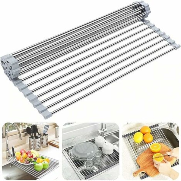 Rullbar oppvaskstativ, BPA-fri sammenleggbar oppvaskstativ for vask, ideell for frukt, grønnsaker, tallerken, silikonbelagt rustfritt stål 37*36cm, grå