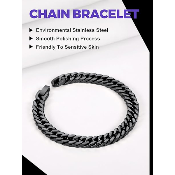 Franco-kedja armband för män och kvinnor, hiphop-kedjearmband, 8 mm bredd, 21 cm längd, rostfritt stål, guldpläterad/svart
