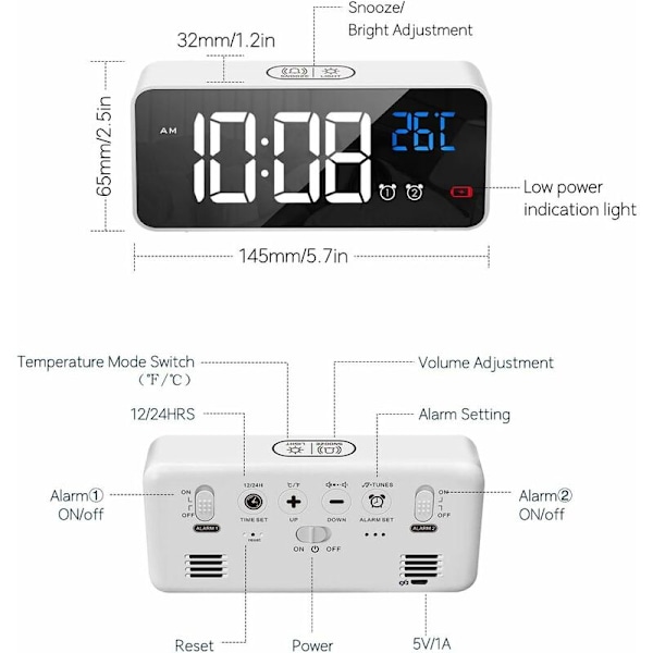 Digital väckarklocka, digital klocka väckning morgon Spegel LED Stor skärm medeltemperatur, ljusstyrka och justerbar, ljudaktivering, US