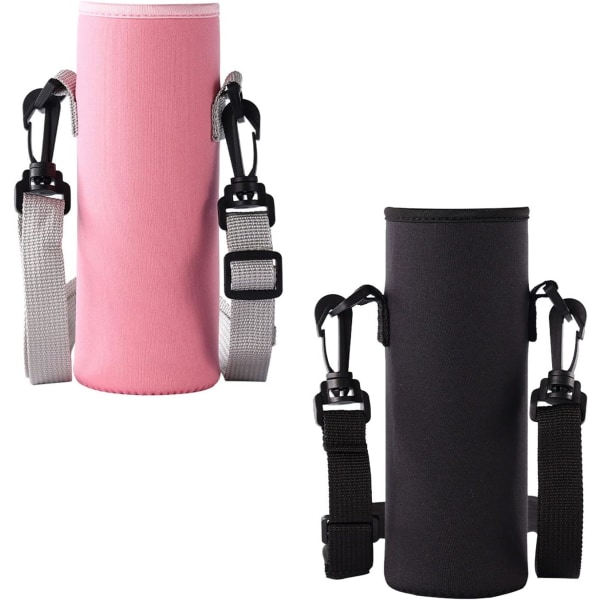 (Svart, Rosa) 2-delt vannflaskeholder, 8 x 23 cm stor flaskeholder med justerbar skulderstropp, egnet for sport, fotturer, sykling, reiser, skole.
