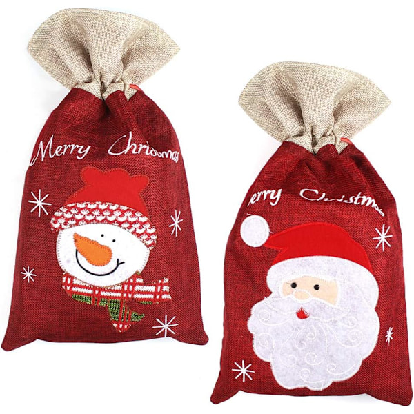 2 stycken julklappspåsar med dragsko, 24x40cm linne julklappspåsar medelstora återanvändbara julklappspåse snögubbe jultomte julklappspåse för barn
