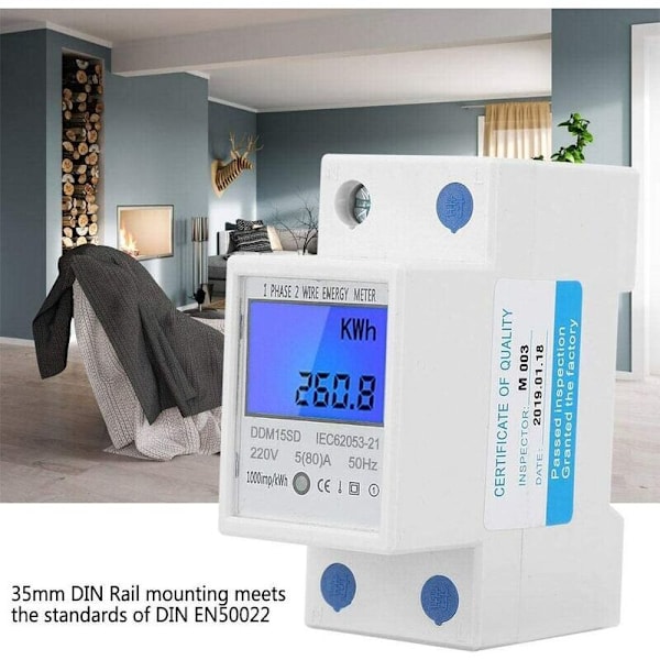 DDM15SD 5-80A Enfas KWh Elektronisk Energimätare med LCD Bakgrundsbelysning Digital Display