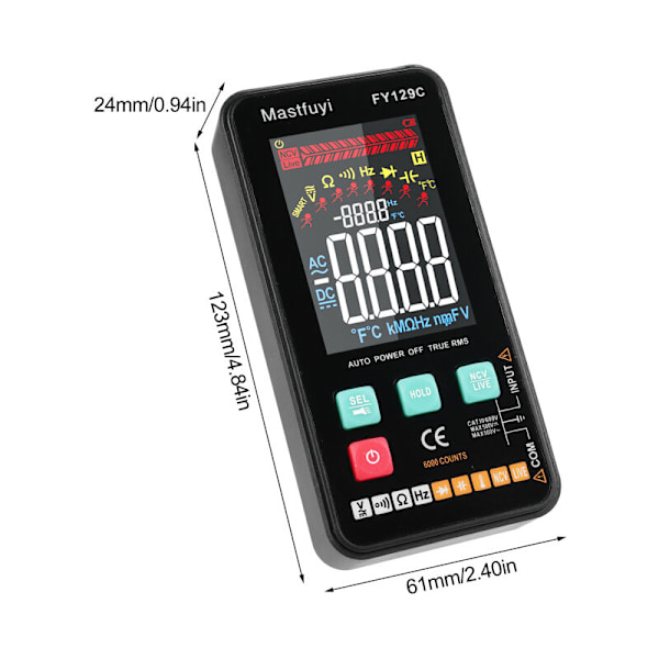 Intelligent digitalt multimeter FY129C med KOMPAKT ELEKTRISK TESTER KOMPAKT 5999 LCD baggrundsbelyst Punkter LCD måling AC/DC spænding