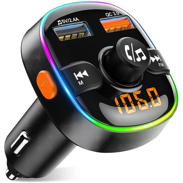 Bluetooth-auto, nopea lataus QC3.0 Bluetooth 5.0 FM-lähetin 7 värisellä LED-taustavalolla 2 USB-porttia, auton Bluetooth-sovitin Hands-free-puhelu Tukee