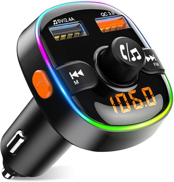 Bluetooth Bil, Quick Charge QC3.0 Bluetooth 5.0 FM Transmitter med 7 Farver LED Baggrundsbelysning 2 USB-porte, Bil Bluetooth Adapter Håndfri Opkald Suppor