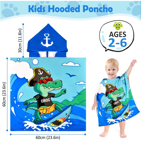 Barn Poncho Krokodil Badhandduk Strandhandduk Pojkar Badcape Pojkar Superabsorberande Snabbtorkande Huvtröja Poncho Surf Poncho Badcape för Baby 2-6