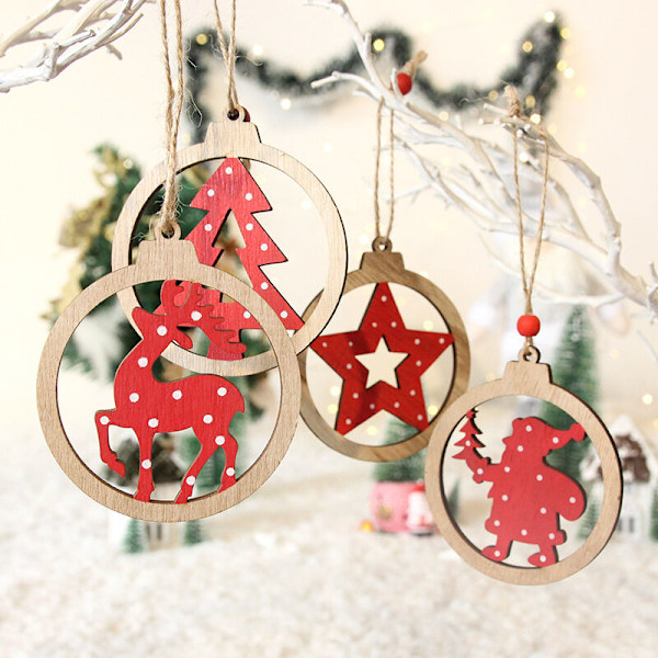 3 stk. Stjerneanheng i juleflis av tre, juletrepynt i tre, treornamenter, julepynt i tre