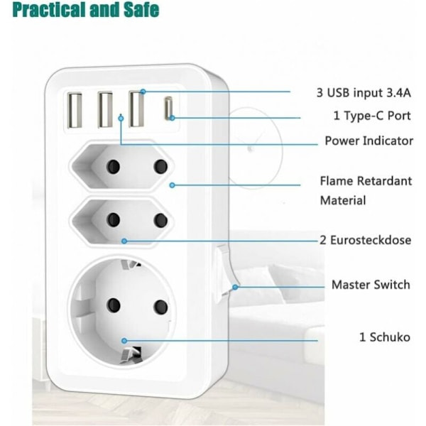 USB stikdåse, 7 i 1 multistikdåse med 3 USB og 1 Type-C port, 3-vejs universal stikdåseadapter med USB oplader (2 Euro og 1 Schuko stikdåser) fo