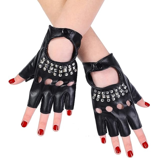Punkhandskar i PU-läder för kvinnor med dubbrem eller spänne med halvfinger