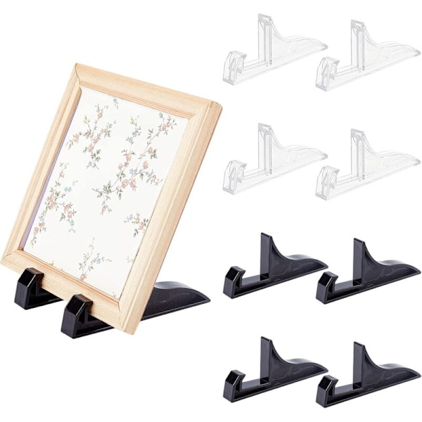 8 stk. plast foto scroll støtter, 2 farger svart platestøtte og transparent bildeskjermstøtte for foto, håndlagde tallerkener