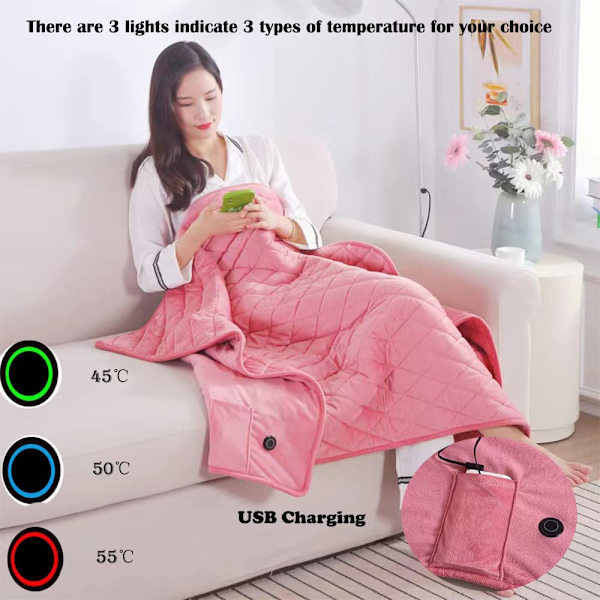 Kast teppe, fire sesonger plysj lett sofa teppe, maskinvaskbart teppe fleece 140*100cm teppe lavt strøm USB oppvarmet teppe (rosa)