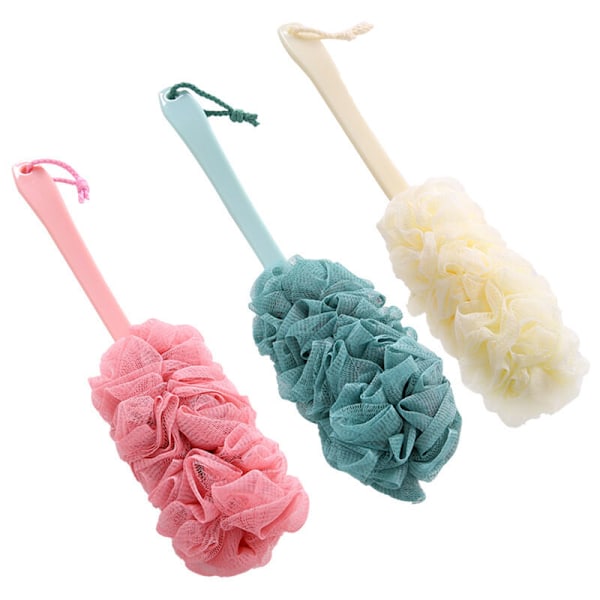 3 badebørster med svamp og langt plasthåndtak, gummi, rygg, mesh, svamp for menn og kvinner badetilbehør (rosa, hvit, blå)