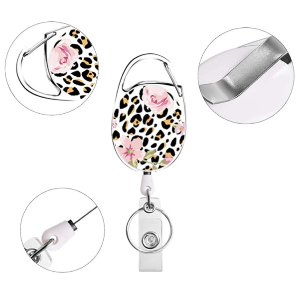 4 stk Blomster Leopard Blad Akryl Patch Badge Reel med Tilbaketrekkbar Klips, Studentgave, Tilbaketrekkbar ID-kortholder, Badgeholder