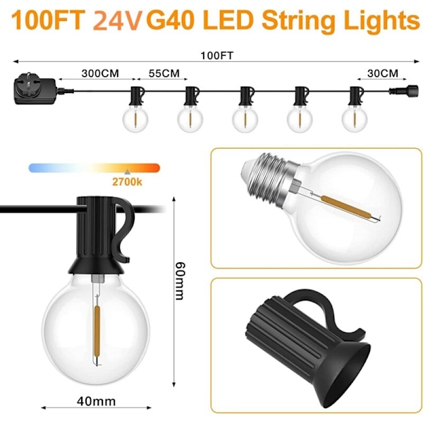 Garland utomhus guinguette 30m, ljusslinga för utomhusbruk med 50+2 G40 LED IP45 Vattentäta glödlampor, Varmvit Ljusslinga för Terrass, Bröllop, C
