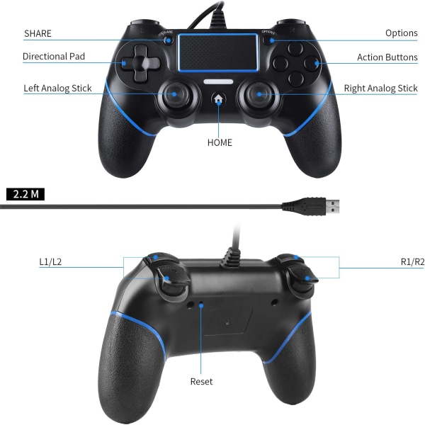 Röd - Trådbunden Gamepad för PS-4, Trådbunden Spelkontroll för Play-Station4/Pro/Slim/PC, med Dubbel Vibration, Halkskydd och USB-kabel