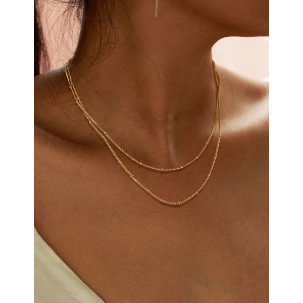 Gullfargett delikat choker-kjede for kvinner, 14k gull/sølvbelagt lagdelt satellittperle-choker tynn trendy enkel toggle kubansk kjede smykker gave