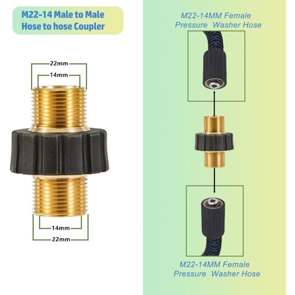 8 stk. højtryksrenser tilbehør, højtryksrenser adapter kit, vaskemaskine tryk adapter messing sæt til rør og pumper, M22-14 hunhane + 3/8