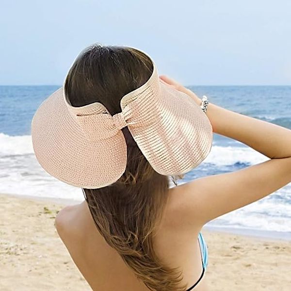 Beige - 1 st halmhatt för kvinnor strand solhatt utomhus solhatt bred brätte hopfällbar halmhatt med solskydd halmhatt för sommarresor va
