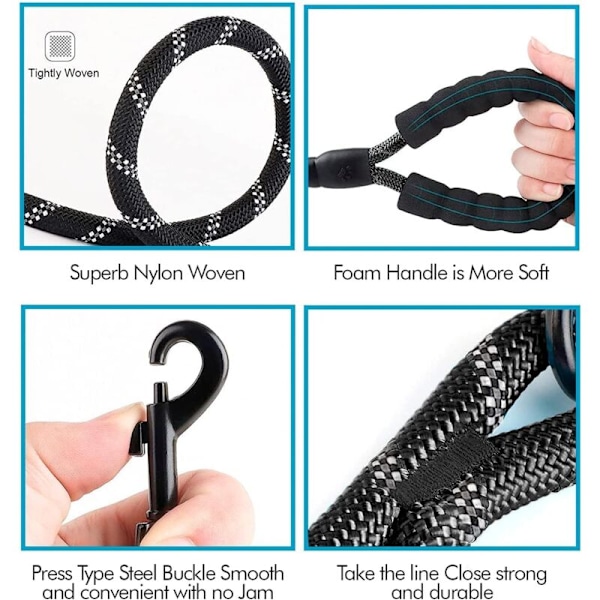 Kobbel til hund, hundekobbel, polstret, fleksibelt håndtak, tau for valper og små, mellomstore og store hunder, (1,5 m, svart)