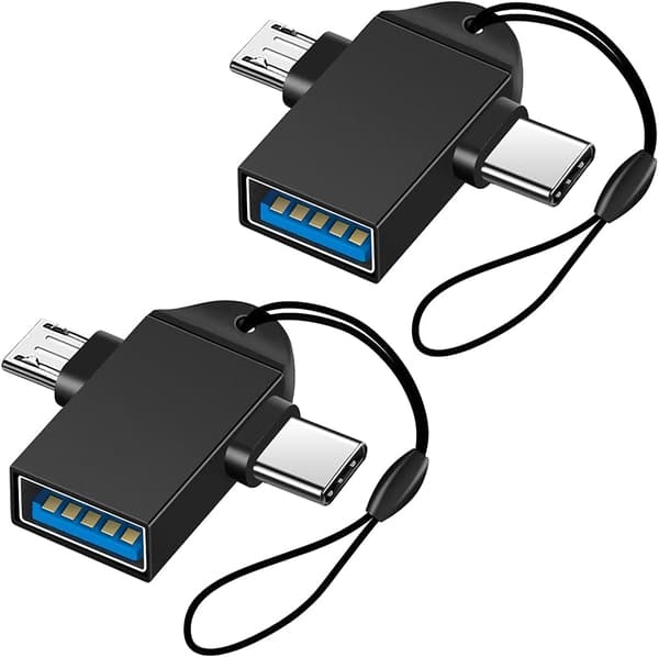 2-in-1 Micro USB/USB-C - USB 3.0 -sovitin rannehihnalla (2-pakkaus), USB C - USB -sovitin, Micro - USB OTG -sovitinmuunnin, musta
