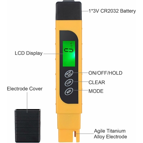 Digital TDS-tester, bærbar penn + pH-papir, vannkvalitet TDS EC temperatur renhetsmåler Temp PPM-tester termometer for vann, 4 skjermmodus