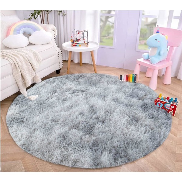 Round Rug, Shaggy, Modern, for Living Room, Bedroom, Dining Room or Nursery, Comfortable Shaggy Floor Rug Anti-Slip Carpet (Dye-Light Grey, 120cm X 1