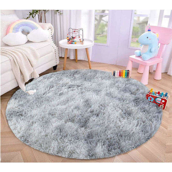 Rundt tæppe, shaggy, moderne, til stue, soveværelse, spisestue eller børneværelse, behageligt shaggy gulvtæppe skridsikkert tæppe (Dye-Light Grey, 120cm X