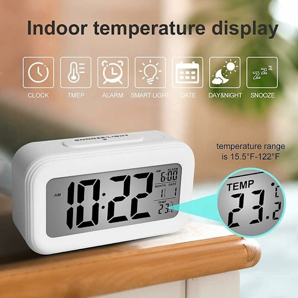 Digital Väckarklocka, Digital Klocka Batteridriven Tyst Väckarklocka för Barn Vuxna Stor LED-Display Temperatur Kalender (Vit)