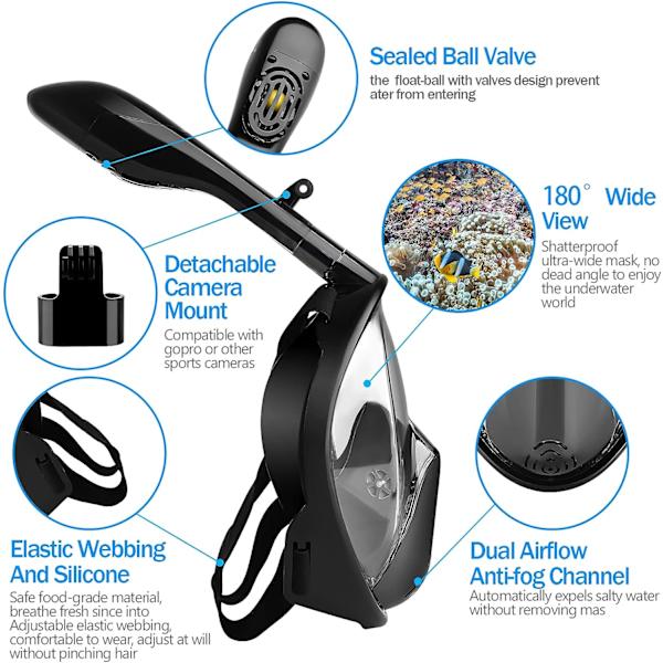 Scubamaske med kameramontering, 180° visning Full Face Snorklingmaske, Dykkermaske med anti-tåke og anti-lekkasje, Justerbare stropper, Dykkerutstyr for A