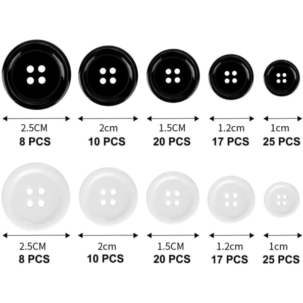 160 STK syknapper runde sort og hvide 4 huller 5 størrelser Blandet harpiks syning knapper med rum opbevaringsboks til syning