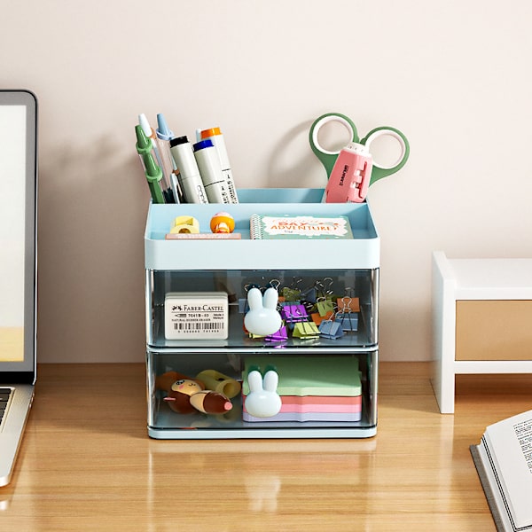 Isblå - 2-skuffers makeup-arrangør - Plast- og kosmetikopbevaring - Kosmetik, polermidler osv. – skuffeboks i stabelbart design til badeværelse eller o