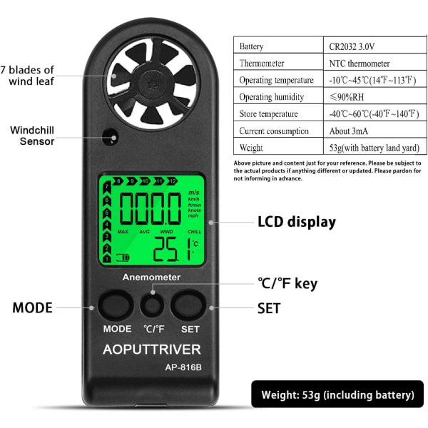 Handheld digital anemometer for measuring wind speed, measuring wind speed, temperature and maximum/average/current speed, accuracy, measuring for w