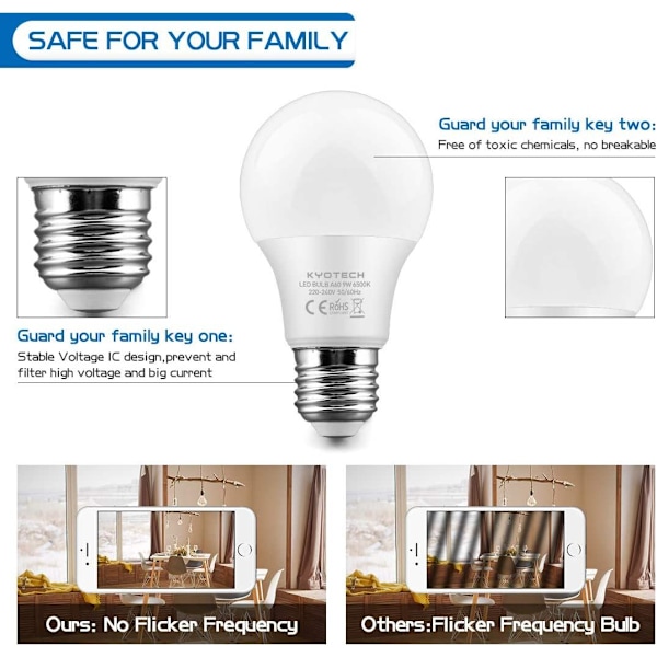 Set med 6 standard LED-lampor E27-sockel 9W motsvarande 75W kallvitt 6500K 780LM, A60 LED-lampa klassisk form 220° vinkel