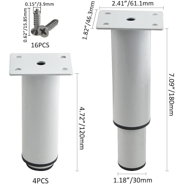 (18-30 cm, hvit) Sett med 4 robuste og justerbare metallben for bord, senger, sofaer