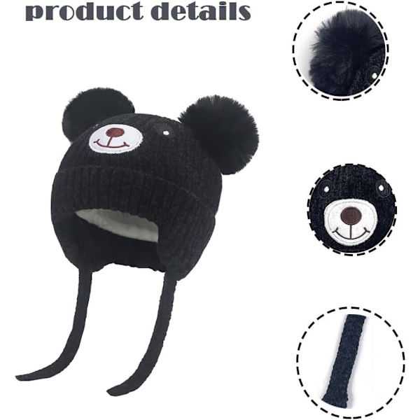 Suloinen karhu lapsille talvi fleece vuorattu neulottu hattu korvaläpät kaksois pom pom pipo korvaläpät kylmä sää lämmin hattu iät 1-5 (musta)