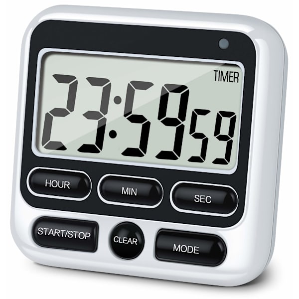 Digital køkkentimer med lydløs/høj alarmkontakt, 24 timers ur og alarm, hukommelsesfunktion, perfekt til børn, lærere og madlavning (sort)