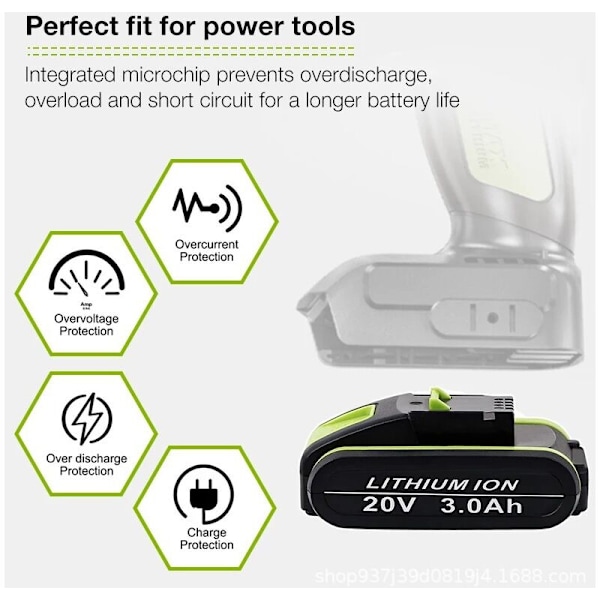 Lithiumbatteriet erstatter batteriet til WORX 20V 3AH WA3551 WG169 WA3516 3x372